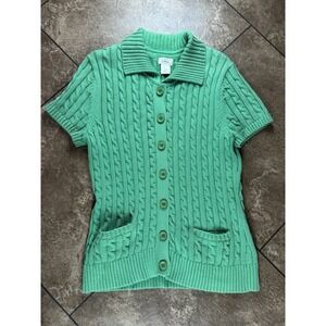 L.L. Bean Vintage Bold Green Cable Knit Button Front Short Sleeve Cotton Sweater